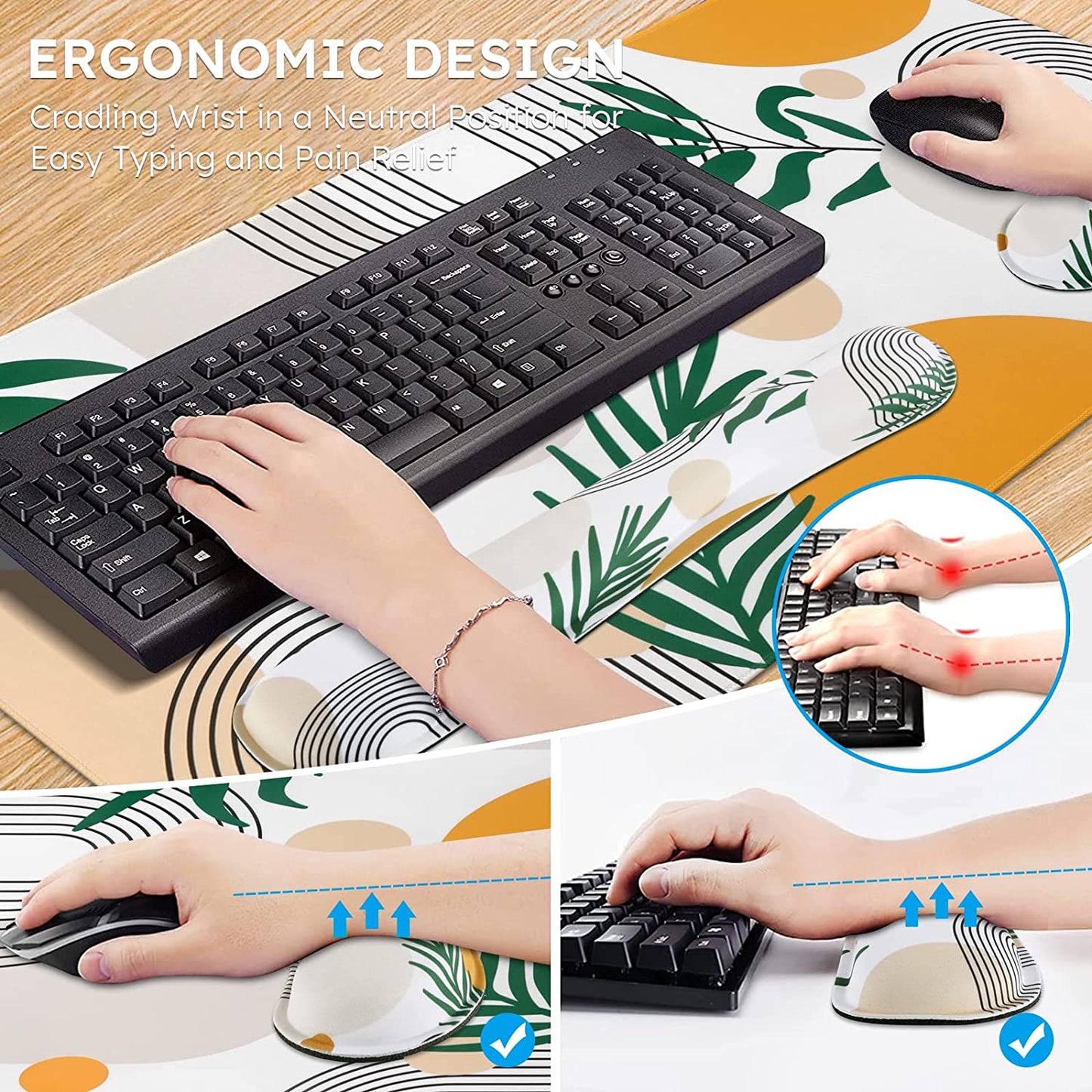 Gaming Mouse Pad Wrist Support Set, 3In1 Keyboard Wrist Rest Ergonomic Large Mouse Pad (35.4X15.7 In), Memory Foam, Easy Typing Pain Relief, XXL Desk Mat Pad for Computer Keyboard (Elm Leaf)