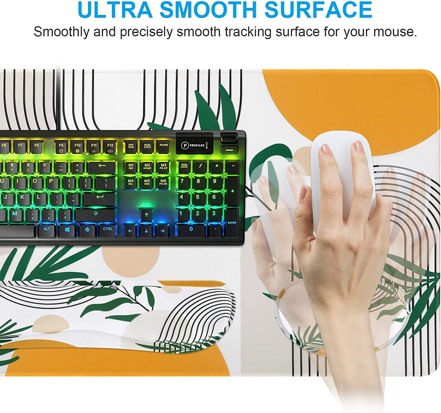 Gaming Mouse Pad Wrist Support Set, 3In1 Keyboard Wrist Rest Ergonomic Large Mouse Pad (35.4X15.7 In), Memory Foam, Easy Typing Pain Relief, XXL Desk Mat Pad for Computer Keyboard (Elm Leaf)