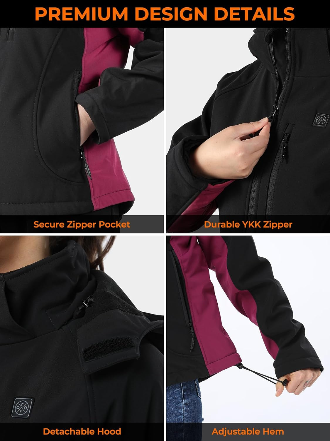 Women'S Slim Fit Heated Jacket with Battery Pack and Detachable Hood