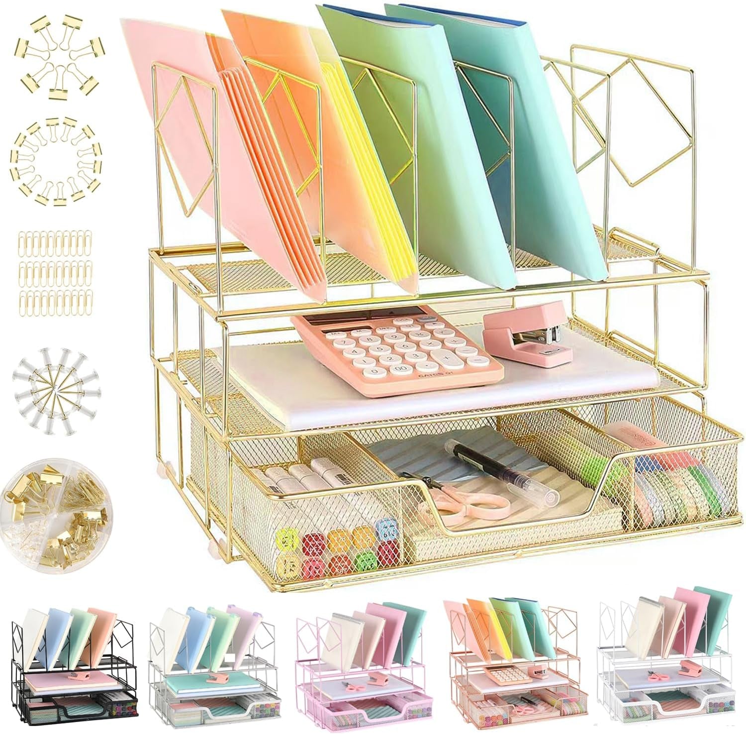 Desk Organizers and Accessories - Double Tray and 5 Upright Sections, Office File & Supplies Organizer with Drawer, Binder Clips, Gold