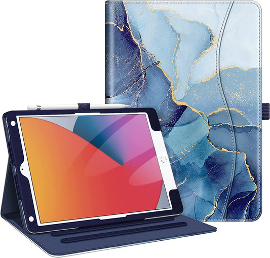 Case for Ipad 9Th / 8Th / 7Th Generation (2021/2020/2019) 10.2 Inch - [Corner Protection] Multi-Angle Viewing Stand Cover with Pocket & Pencil Holder, Auto Wake Sleep, Ocean Marble