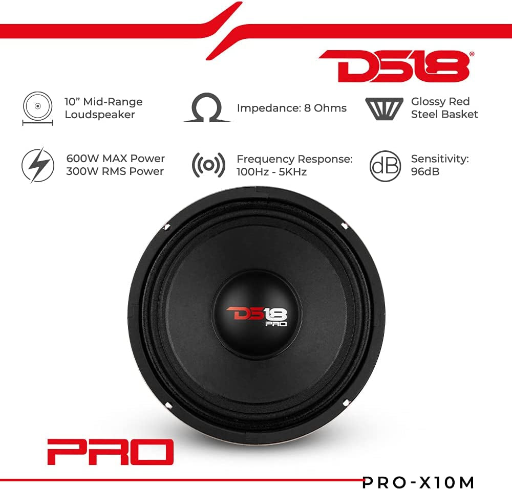 PRO-X10M Loudspeaker - 10", Midrange, Red Steel Basket, 600W Max, 300W RMS, 8 Ohms - Premium Quality Audio Door Speakers for Car or Truck Stereo Sound System (1 Speaker), Classic