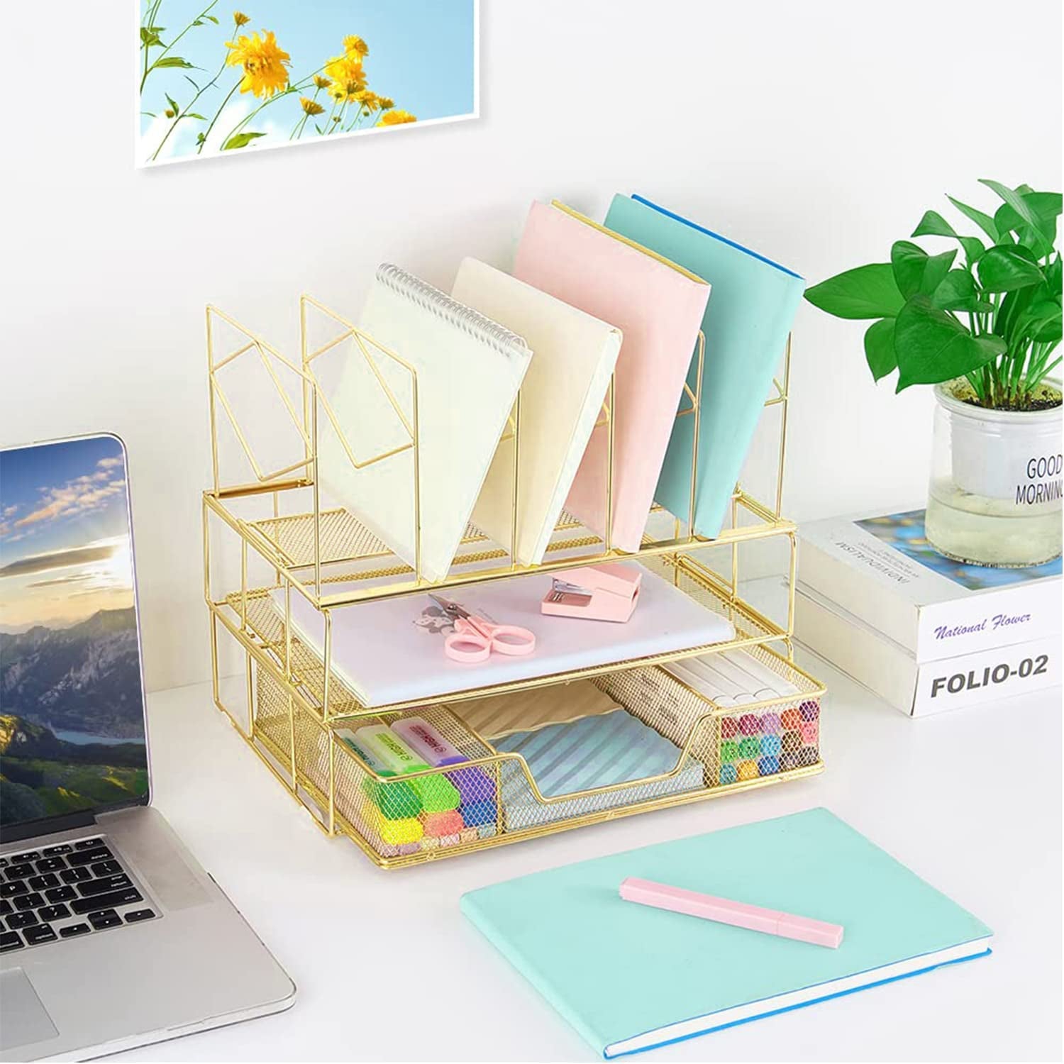 Desk Organizers and Accessories - Double Tray and 5 Upright Sections, Office File & Supplies Organizer with Drawer, Binder Clips, Gold