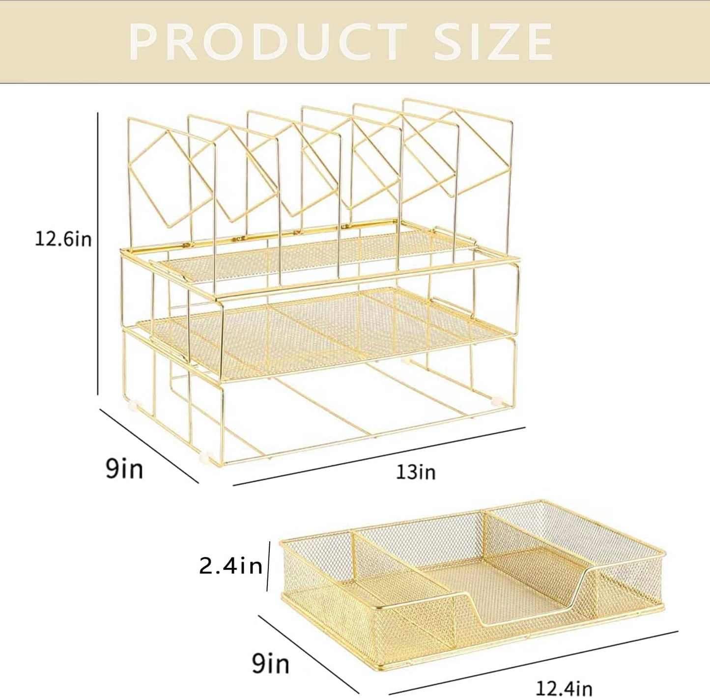 Desk Organizers and Accessories - Double Tray and 5 Upright Sections, Office File & Supplies Organizer with Drawer, Binder Clips, Gold