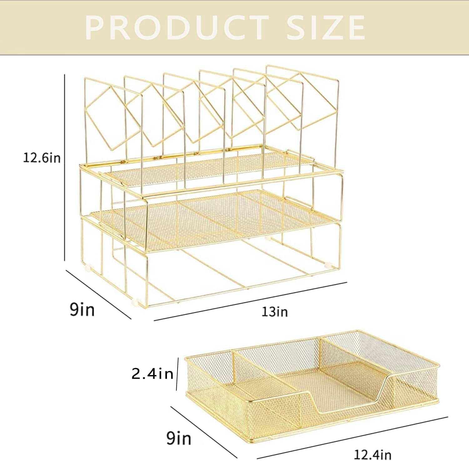 Desk Organizers and Accessories - Double Tray and 5 Upright Sections, Office File & Supplies Organizer with Drawer, Binder Clips, Gold